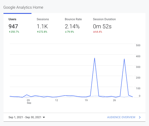 Google Analytics dashboard showing users, sessions, bounce rate, and session duration with a blue traffic line graph