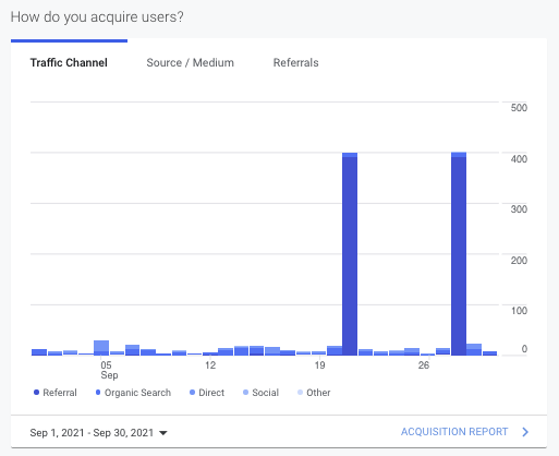 Analytics dashboard bar chart showing traffic channels and referrals, with two tall blue spikes.