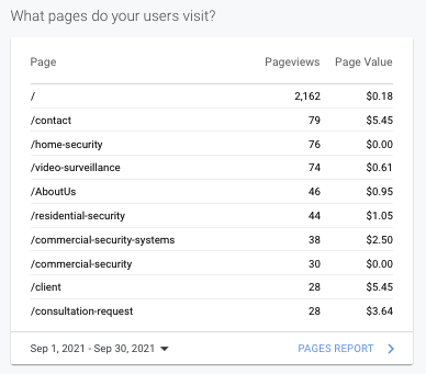 Website analytics table showing top pages, pageviews, and page value for Sep 1–30, 2021.