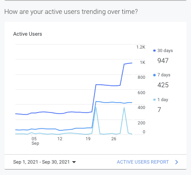 Line chart of active users over time with blue spikes and a late September increase.