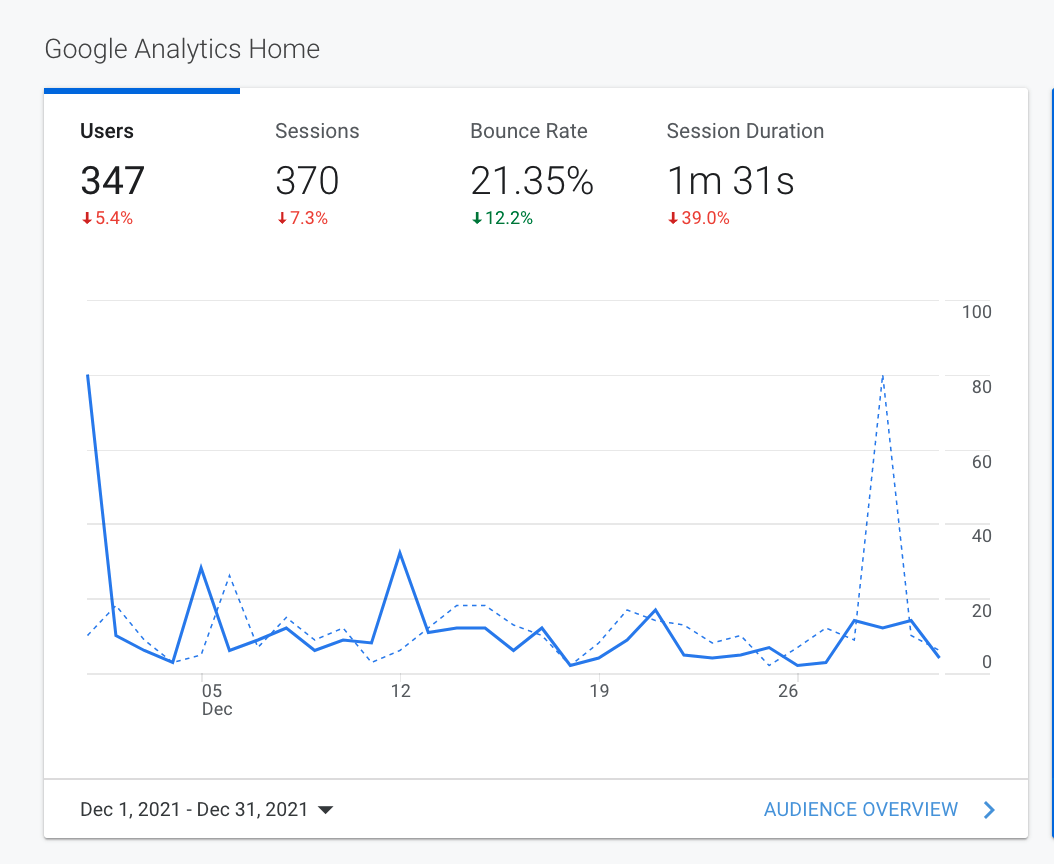 Google Analytics dashboard showing a line chart with traffic metrics and a sharp spike at the start