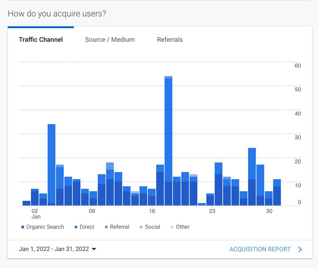 Blue bar chart dashboard with tabs across the top and an “Adjust report” link at bottom right