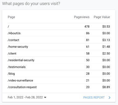 Analytics table of top pages, showing pageviews and page value for pages like /, /AboutUs, and /contact