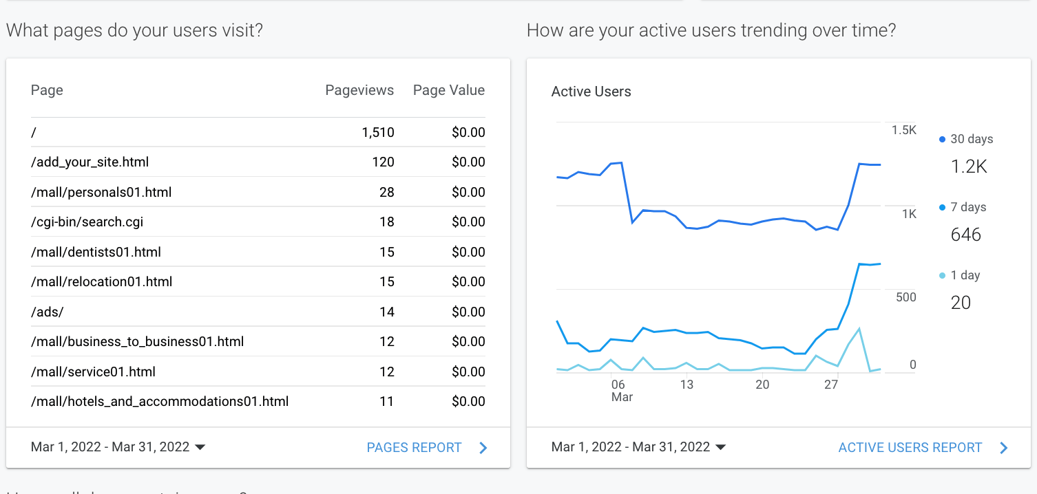 Analytics dashboard with table on left and blue line charts on right showing performance trends