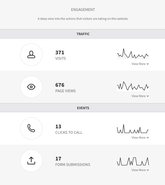 Analytics dashboard showing traffic, hits, calls, and form submissions with sparklines.