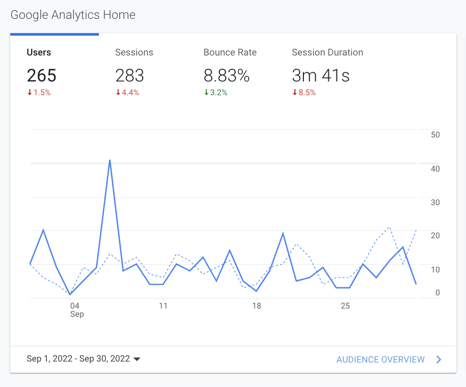Google Analytics overview showing 265 users and a blue line chart over time.