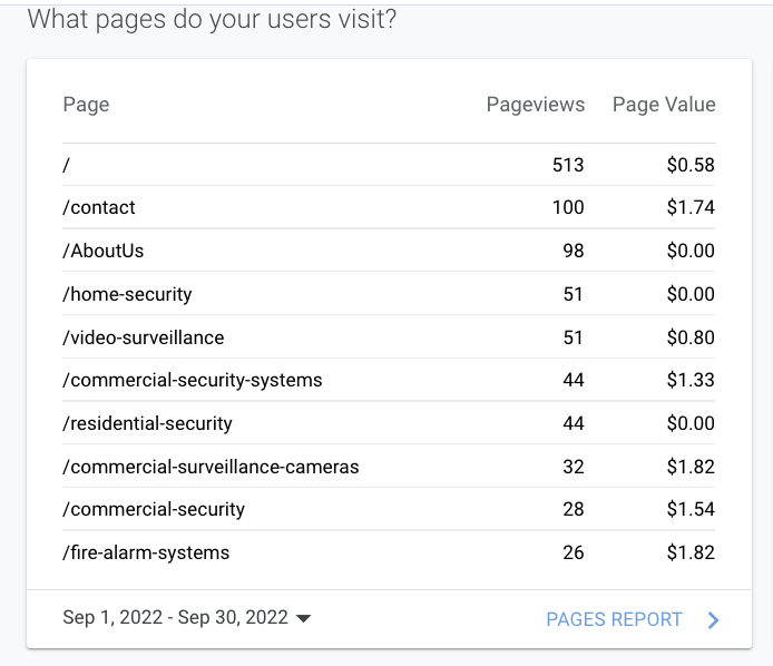 Analytics table of top website pages with pageviews and values, including /, /contact, and /about-us.
