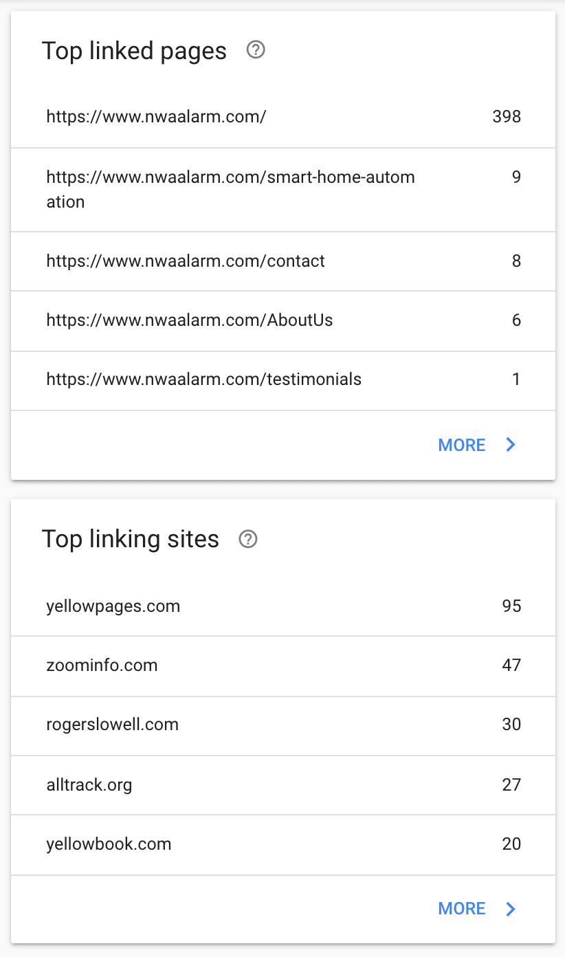 Two app panels showing lists of linked pages with menu icons and “MORE” links.