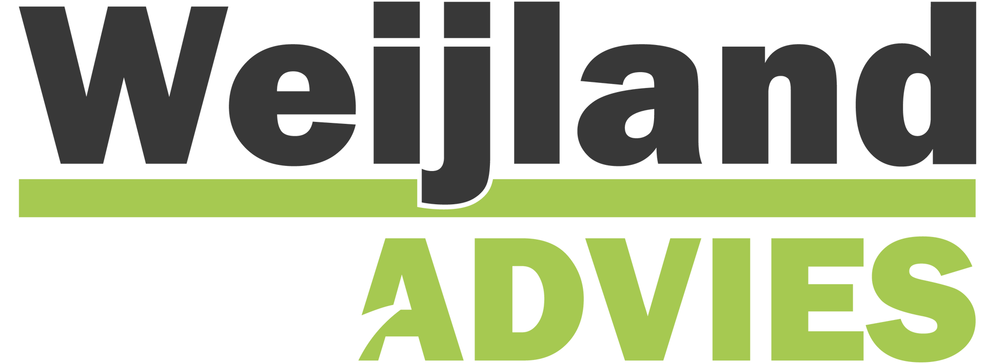Het logo van Weijland Advies in zwart en limoengroen met een groene onderstreping.