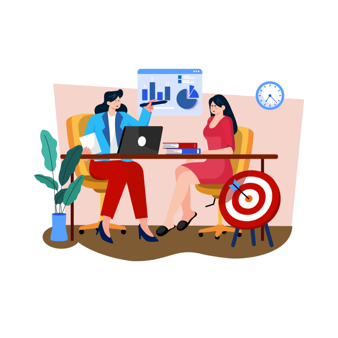 Two people in a meeting at a desk with charts on a screen, a clock, and a target on an easel