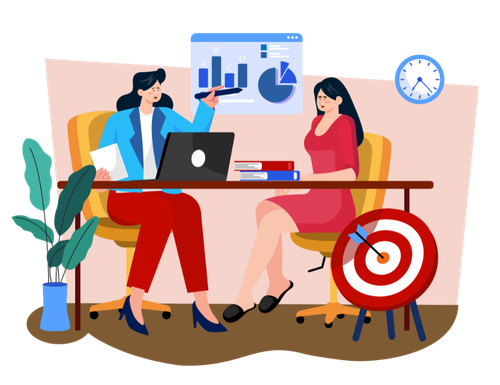 Two coworkers meeting at a desk with laptop, charts, and a target in a modern office