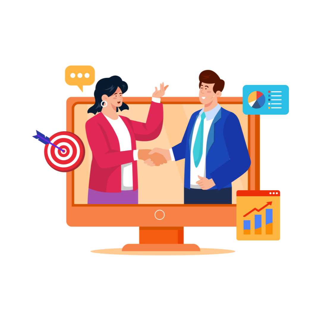 Two business people shaking hands in a video call on a desktop monitor, with charts and target icons.