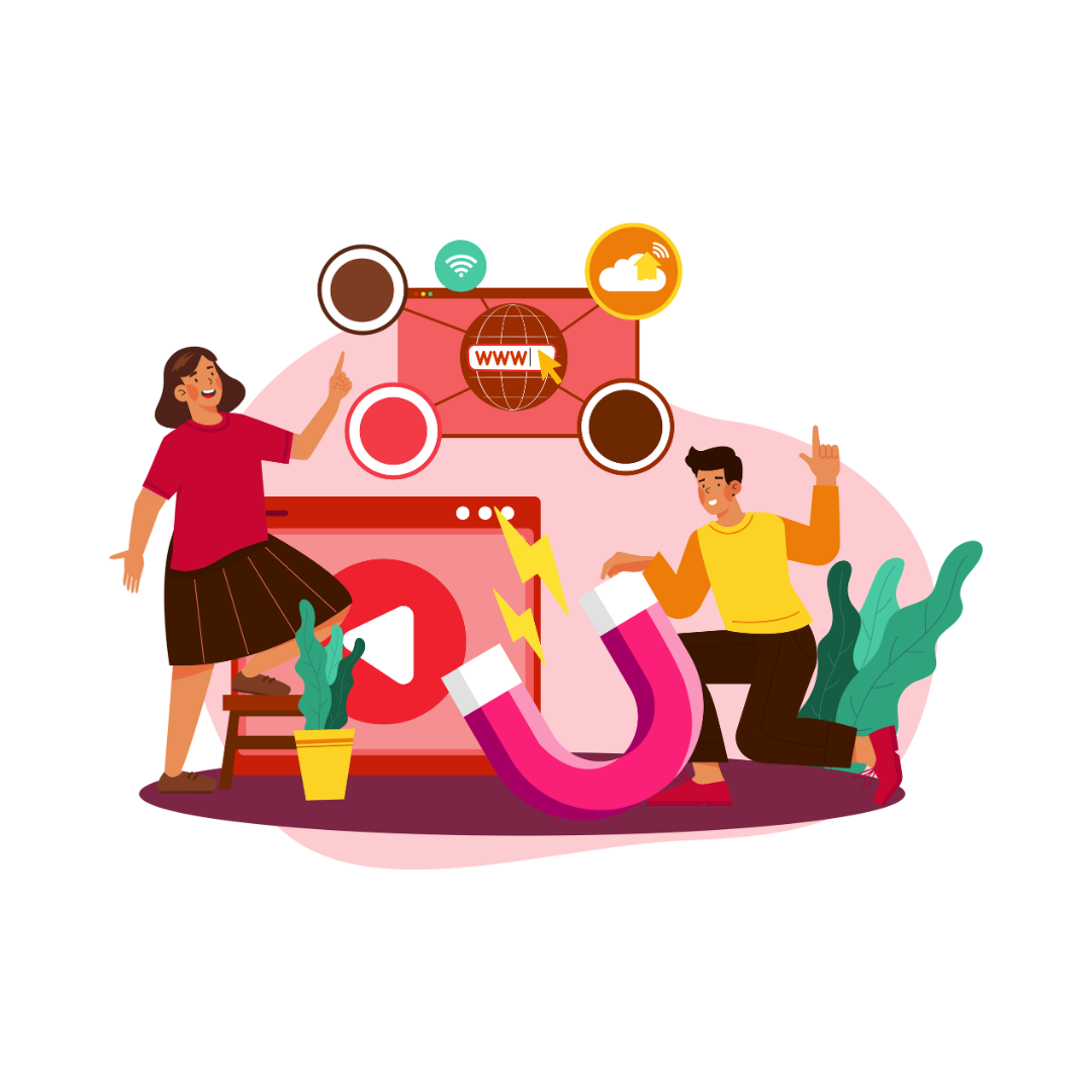 People around a magnet and icons on a laptop, illustrating digital marketing or social media targeting