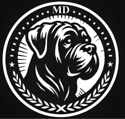 A black and white drawing of a dog 's head in a circle.
