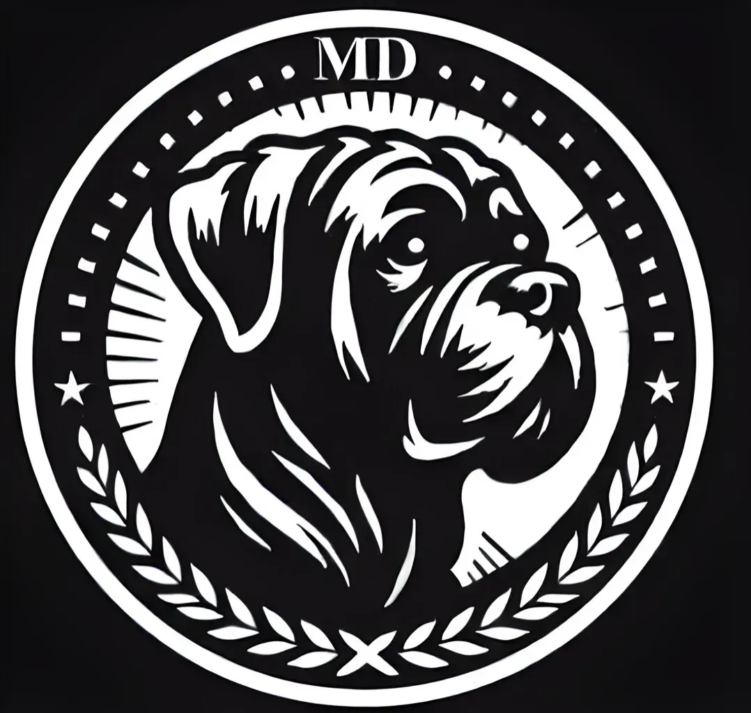 A black and white drawing of a dog 's head in a circle.
