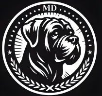 A black and white drawing of a dog 's head in a circle.