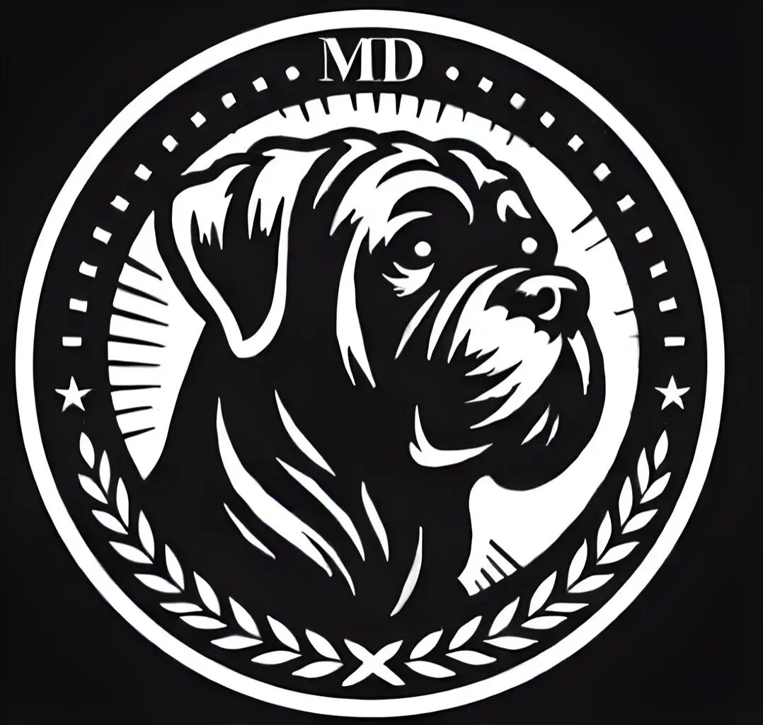 A black and white image of a dog in a circle with the word md on it