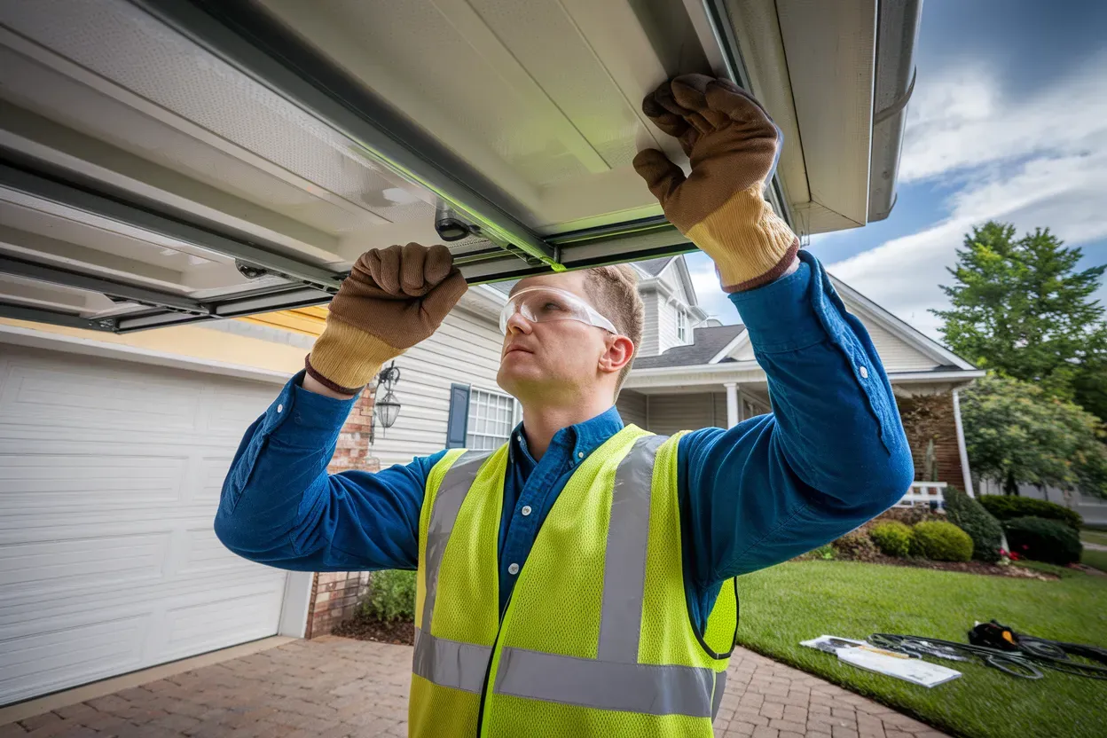 A man in a yellow vest is working on a garage door.