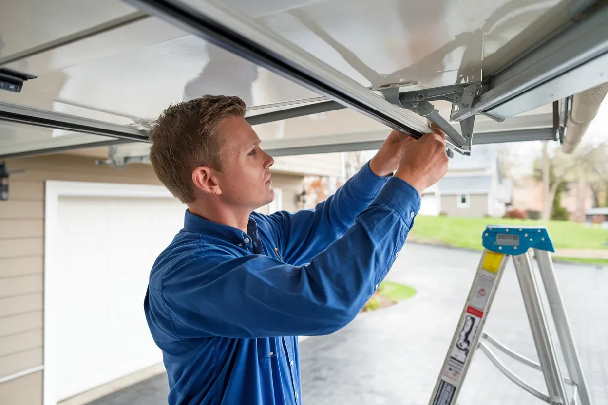 A man is standing on a ladder fixing a garage door.