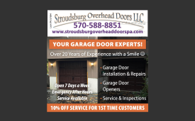 Stroudsburg Overhead Doors LLC garage door repair ad with phone number, services, and red-orange banner
