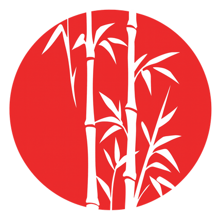 Steli e foglie di bambù bianchi su sfondo rosso.