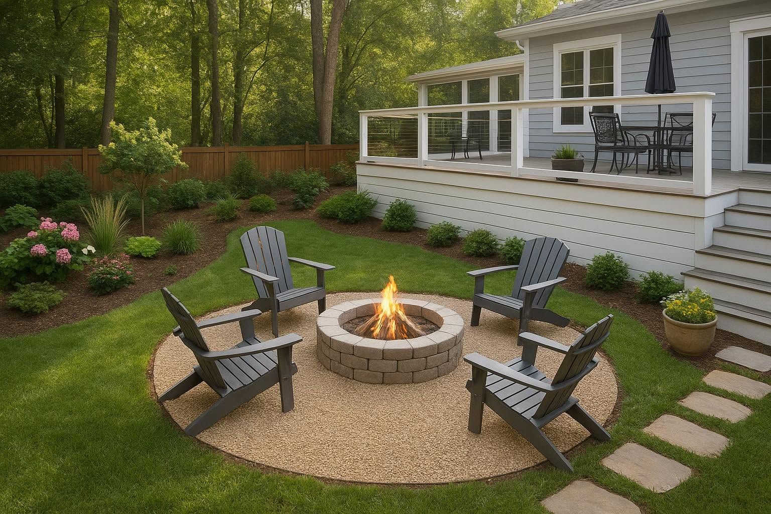 Backyard patio with a fire pit, four chairs, and a white deck beside a garden