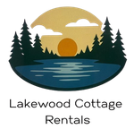 Lakewood Cottage Rentals logo with pine trees, sun, lake, and mountains
