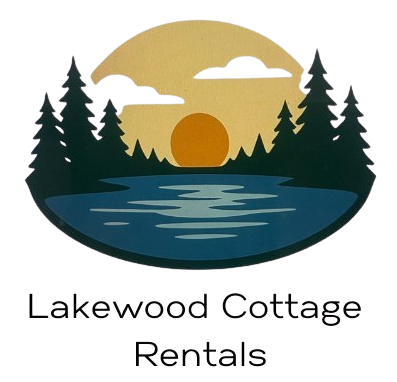 Lakewood Cottage Rentals logo with pine trees, sun, lake, and mountains