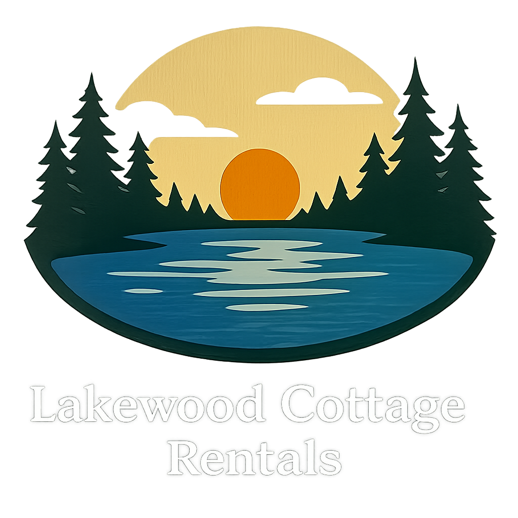 Lakewood Cottage Rentals logo with sunset over lake and pine trees