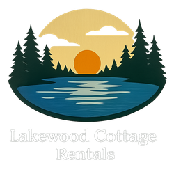 Lakewood Cottage Rentals logo with sunset over lake and pine trees