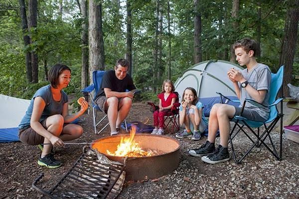 Campers sit around a campfire in a wooded campsite with tents and folding chairs.