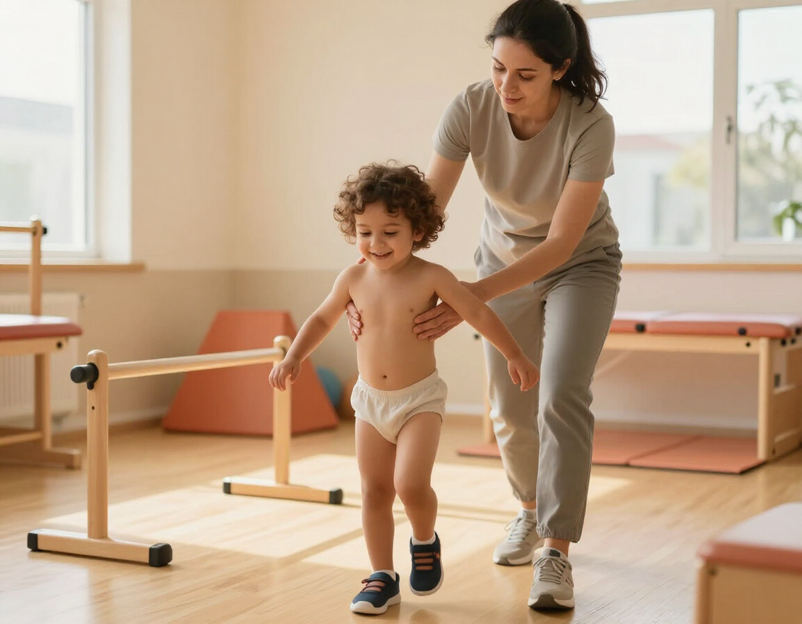 Child confidently using mobility support in a supportive therapy setting