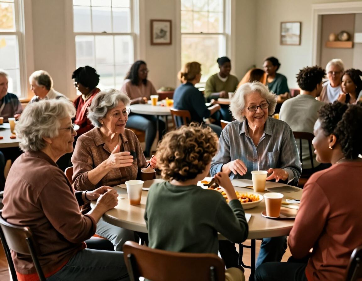 People of varied ages gathering warmly as a community