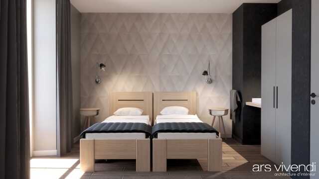 Décoration de chambre d'hôtel avec deux lits