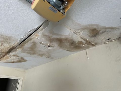 Water-stained ceiling with peeling paint and a visible leak stain near a light fixture.
