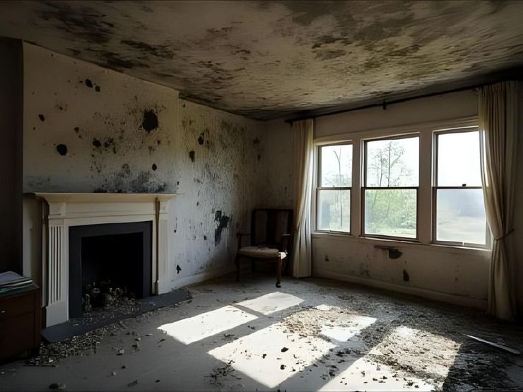 Abandoned room with mold-stained walls, fireplace, chair, and sunlight through a window.