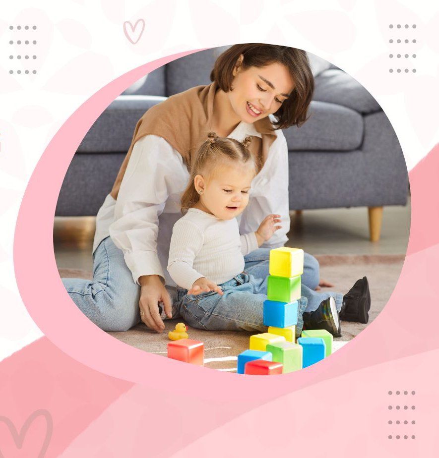 Woman and toddler playing with colorful blocks on the floor in a cozy living room
