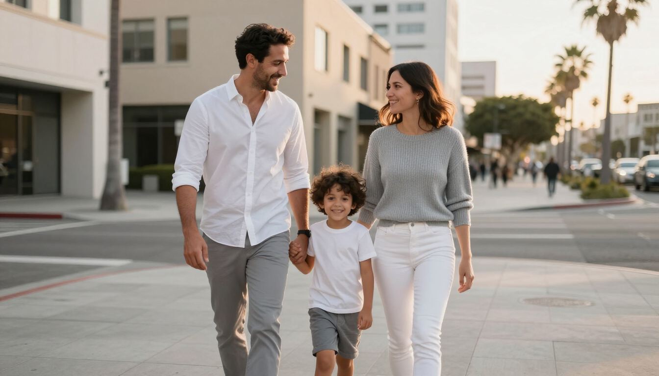 Family walking together on a quiet street, smiling in casual clothes at sunset.