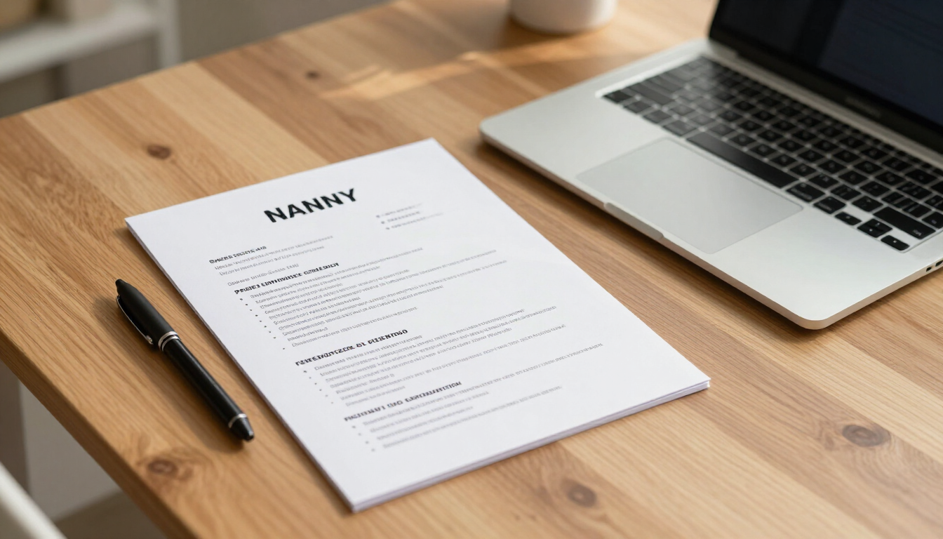 Resume document beside a pen on a wooden desk next to an open laptop