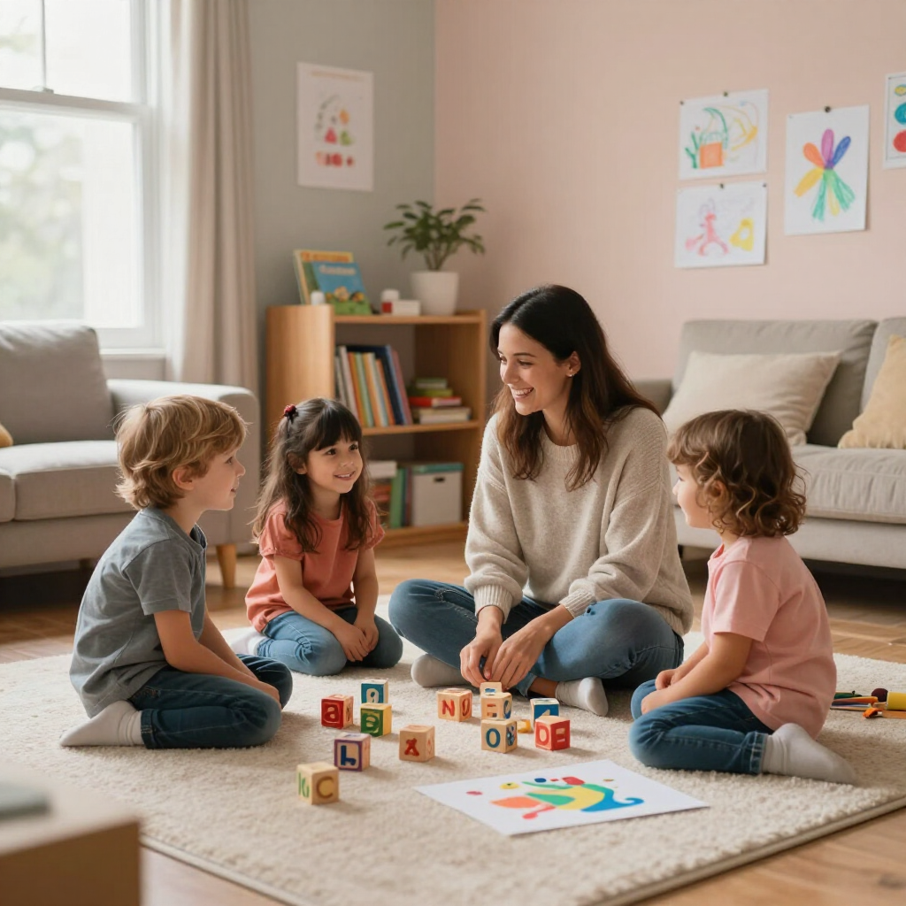 Teacher and three children sitting on a rug, playing with blocks in a bright classroom with colorful wall art