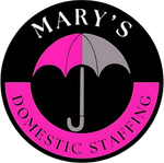 Mary's Domestic Staffing logo with a pink and gray umbrella on a black circle background