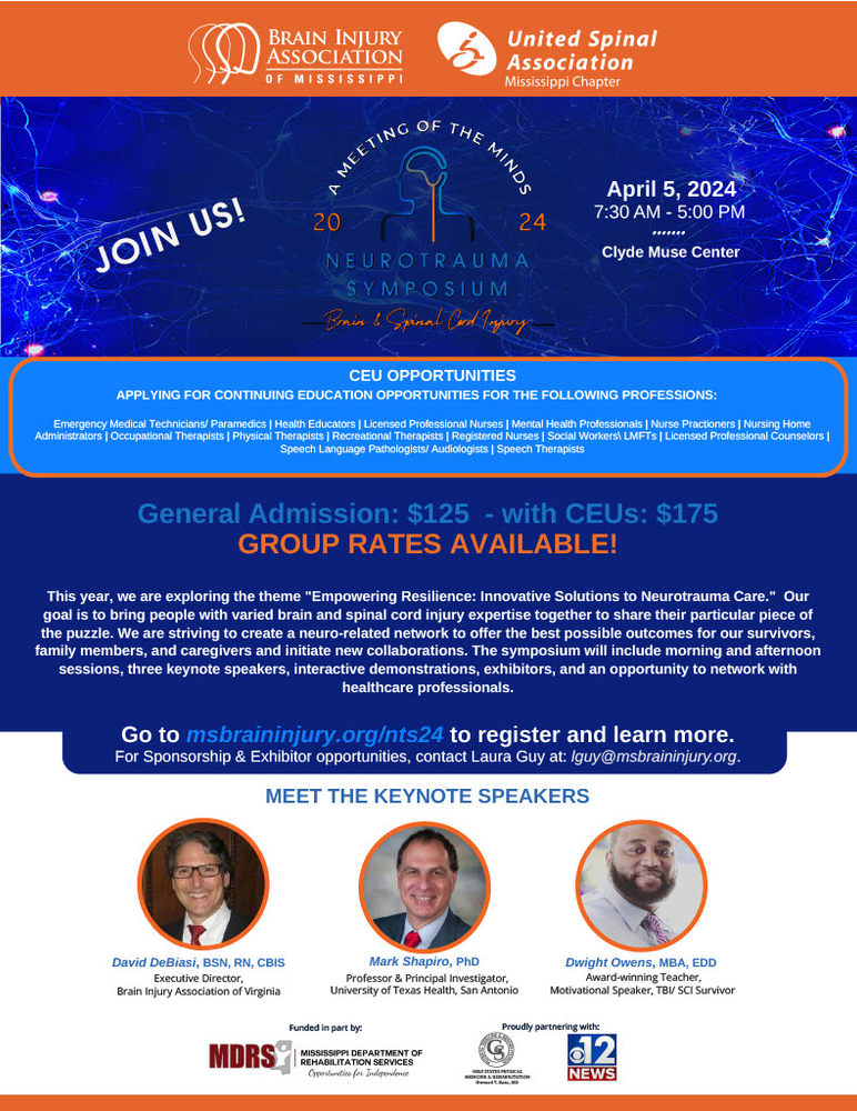 A flyer for a neurotrauma conference with group rates available.