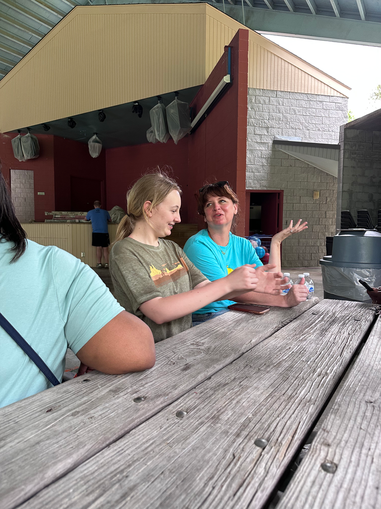 A group of people are sitting at a wooden picnic table.