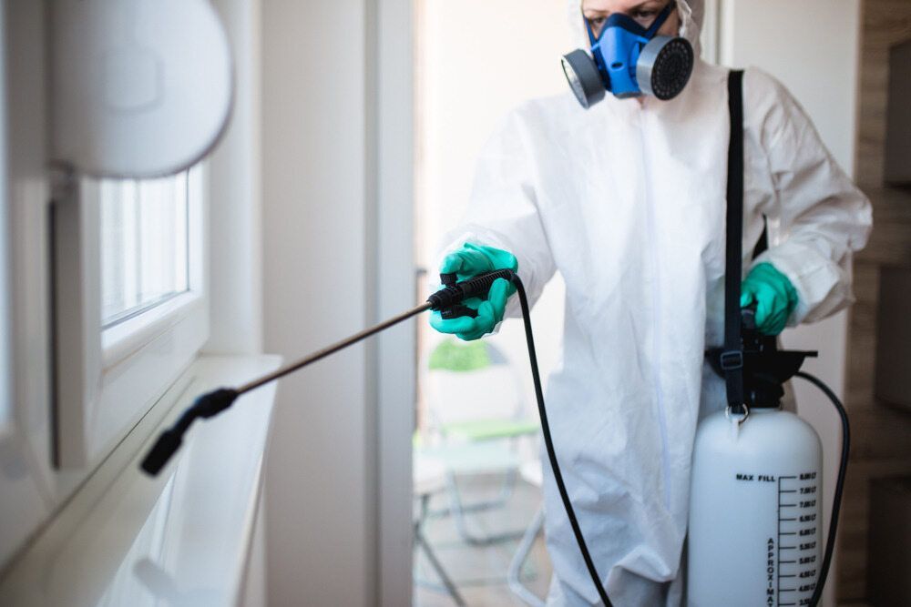 A Man In A Protective Suit Is Spraying A Window With A Sprayer — Maximum Pest Management In Mareeba, QLD