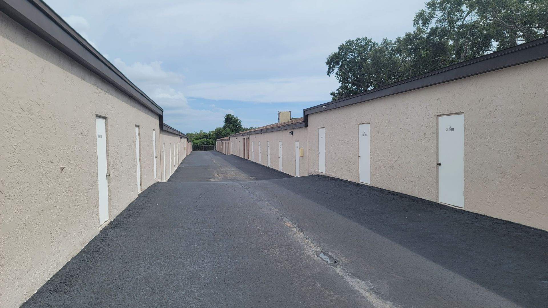 Narrow paved alley between beige garage doors under an overcast sky.