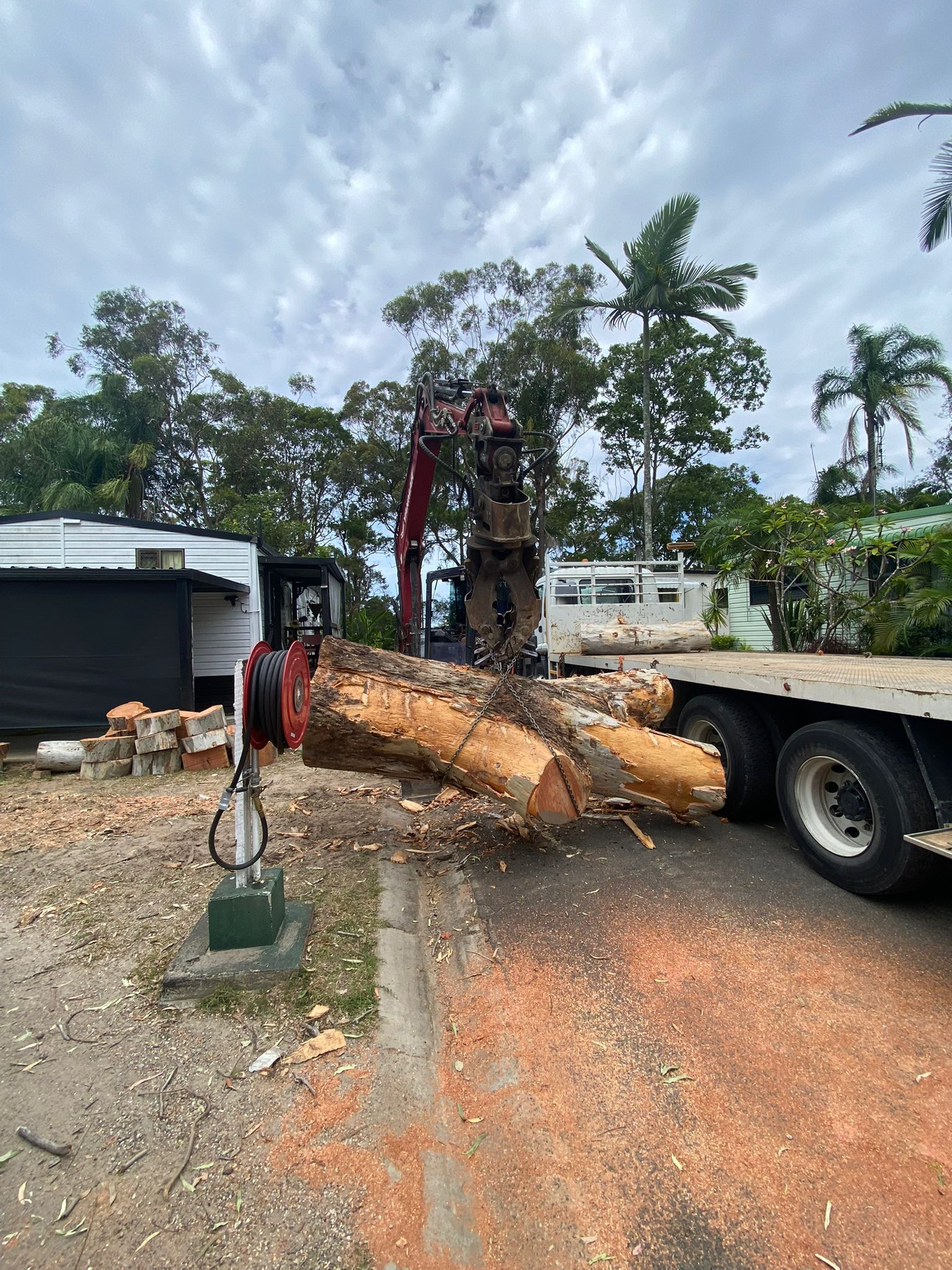 Logging truck unloading wood chips beside a road, with chips piled on the ground and a cloudy sky.
