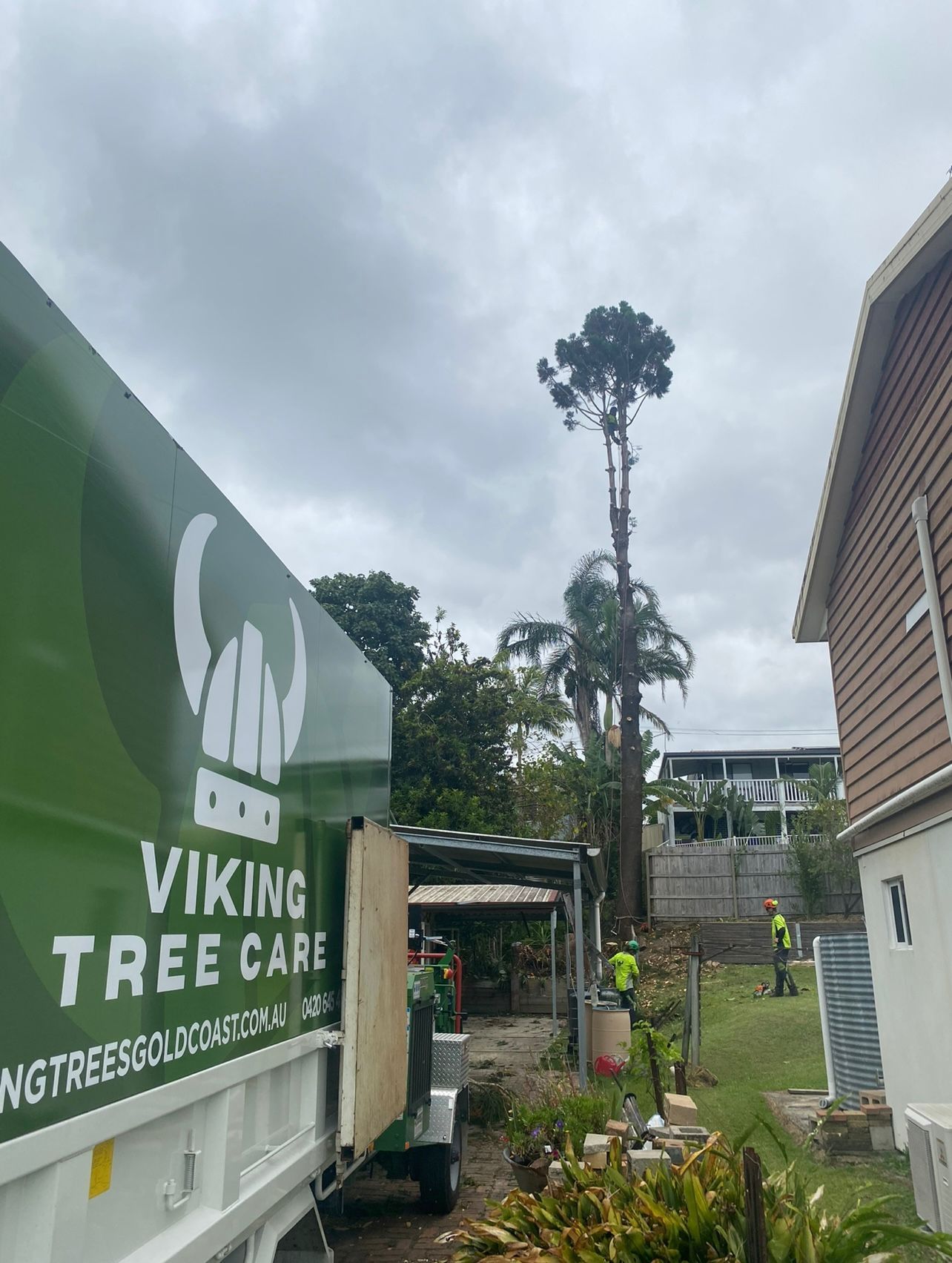 Viking Tree Care truck beside a house, with tall trees and cloudy sky in the background