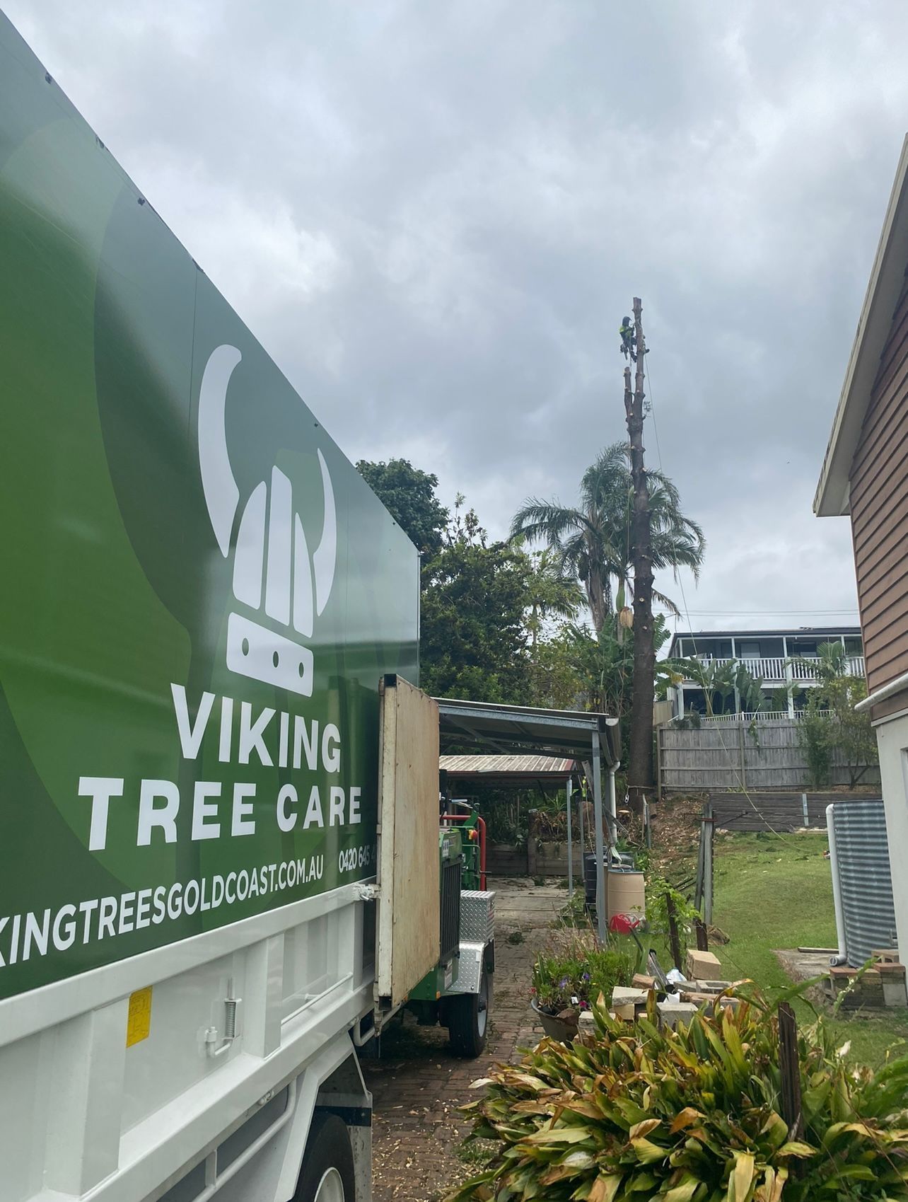 Green Viking Tree Care truck parked beside a narrow yard with trees and a cloudy sky.