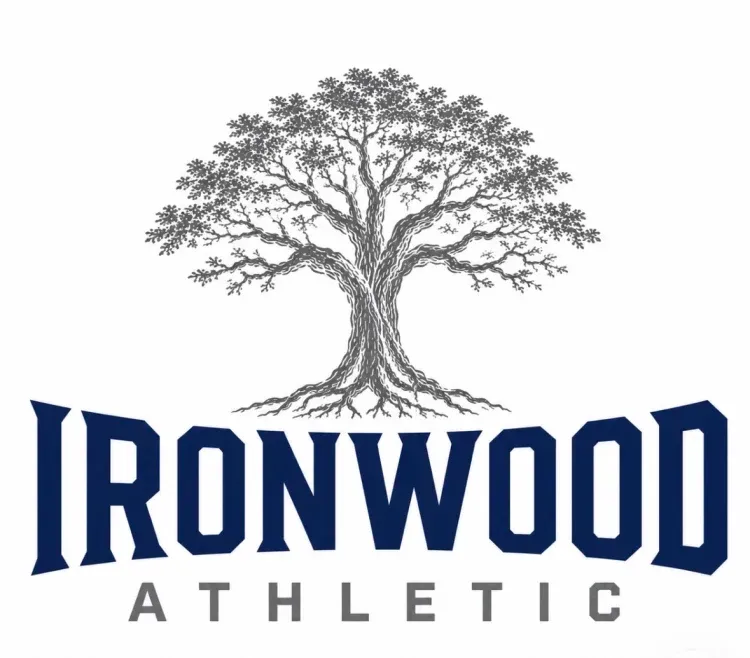 Ironwood Athletic logo with a gray tree above navy text