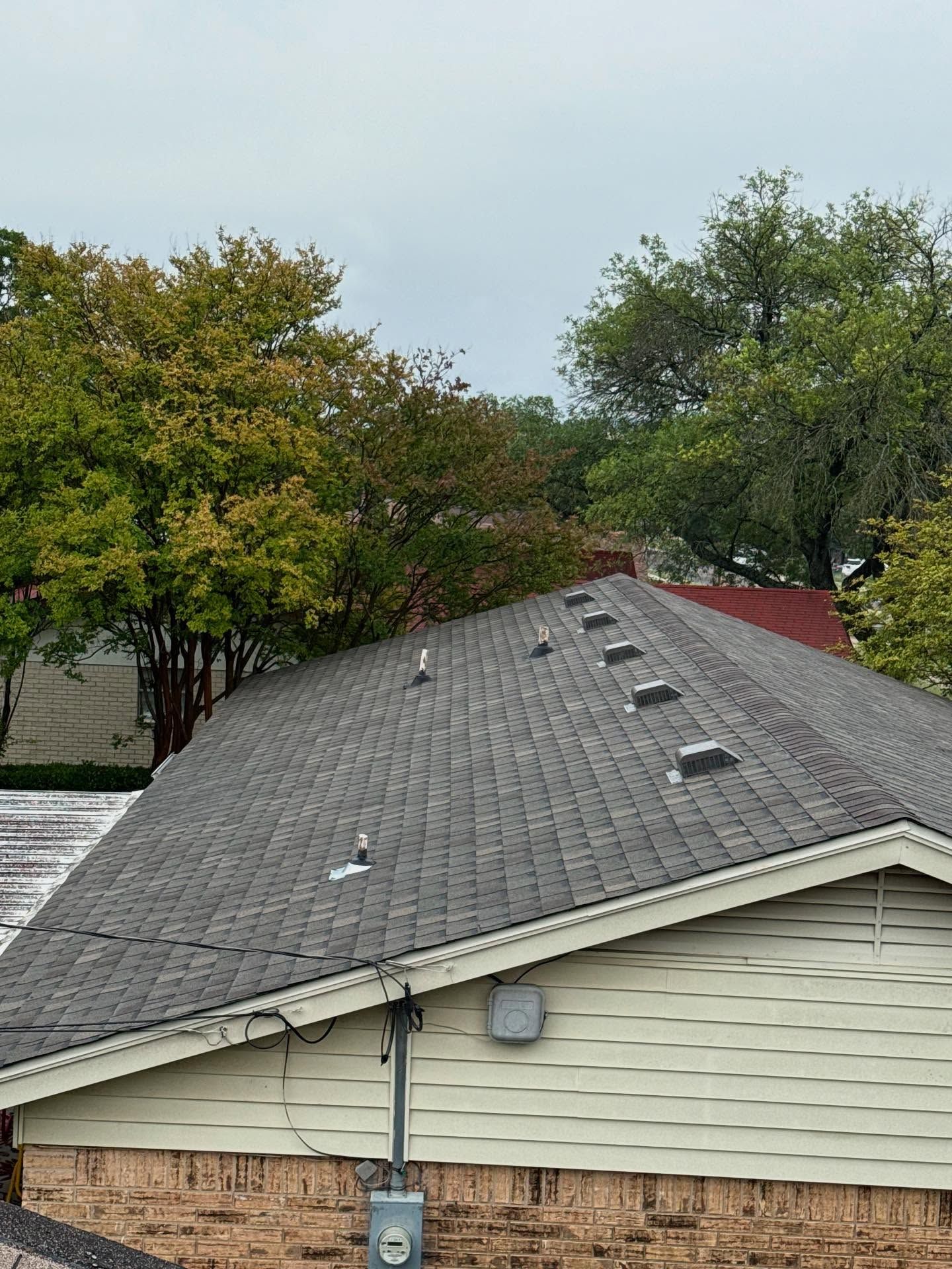A house with a roof that has a lot of windows and trees in the background.